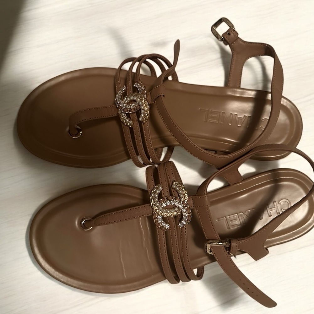 Chanel Gold Brown Sandals with Ankle Wrap